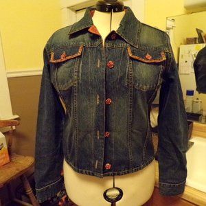 Contemporary by Daniel X orange puff satin trim & gem button denim jacket